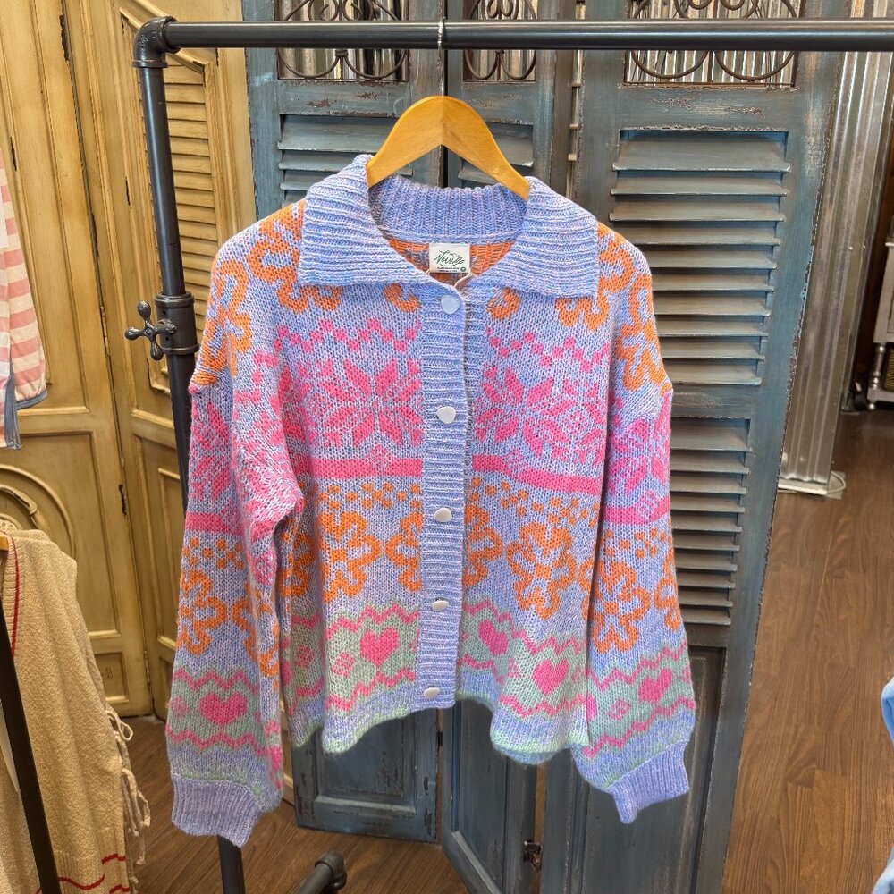 New In Oversized Button Down Pastel Graphic Knit Sweater Top